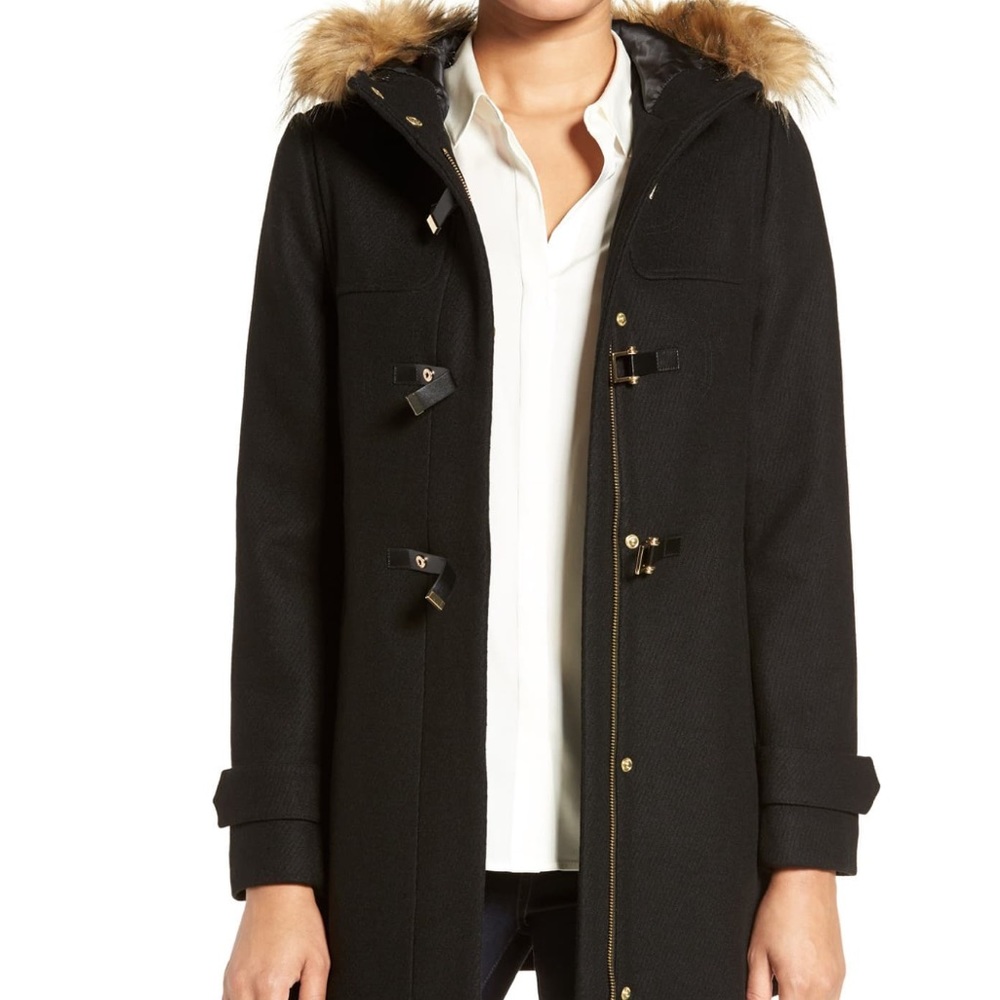 COLE HAAN Wool Blend Faux Fur Trim Hooded Coat
